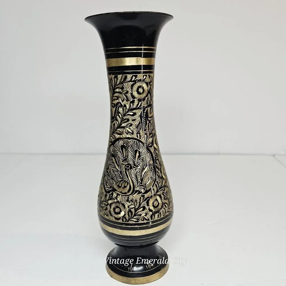 Vtg Black Gold Etched Brass Vase Peacock Floral Metalwork 9.5